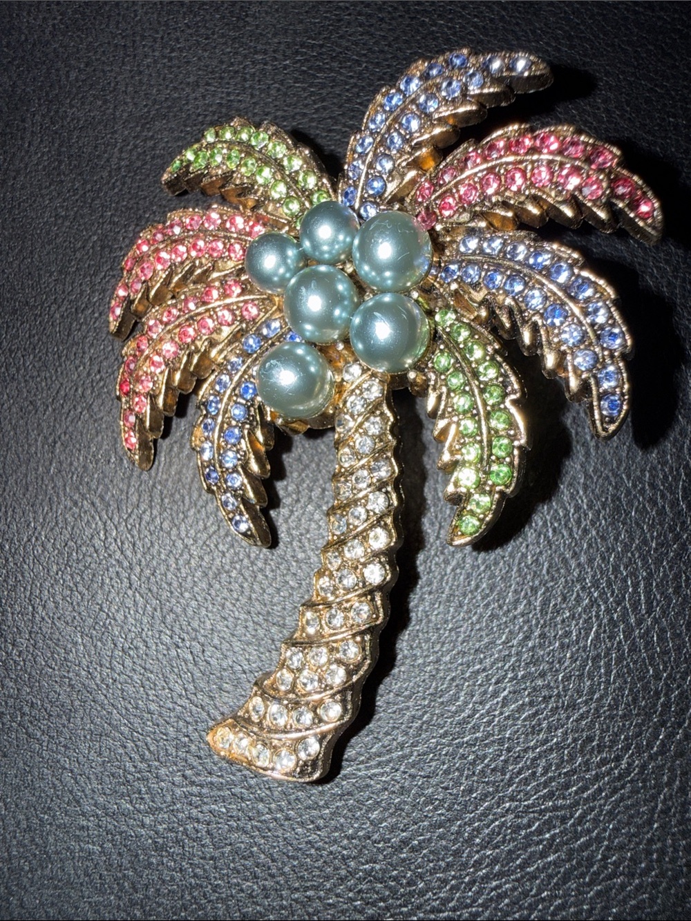 Gold-Tone Multicolor Crystal Palm Tree Brooch with Pearl Cluster